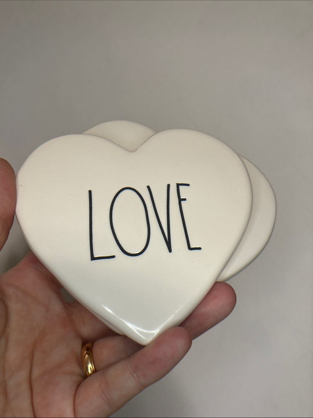 Rae Dunn love ceramic white and black 3 heart coaster set